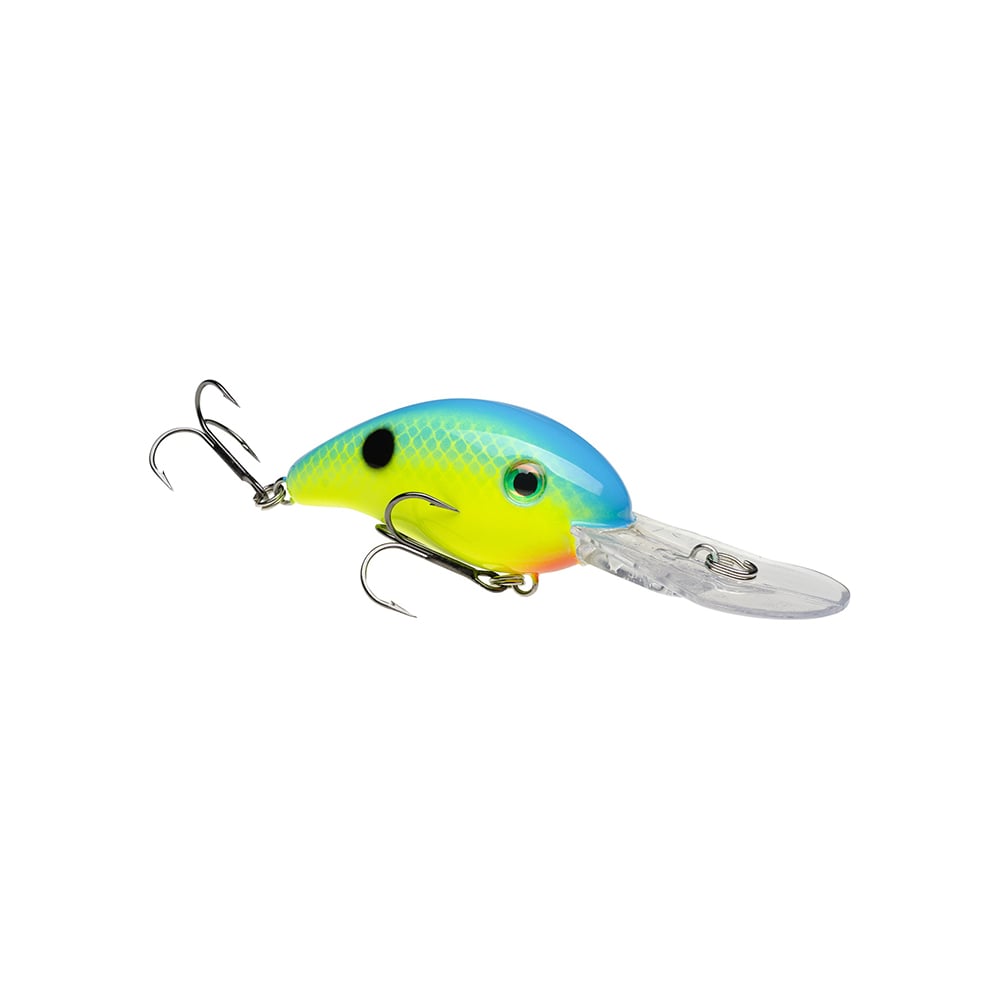 The Strike King 3XD Crankbait by Strike King features a blue top, yellow sides, green accents, black spots, and two treble hooks with a clear diving lip—ideal for bass fishing.
