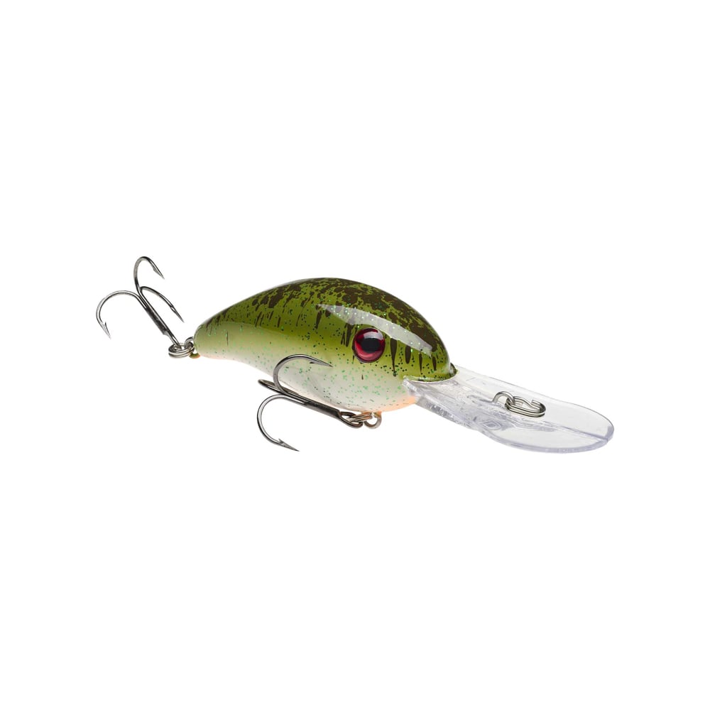 The Strike King 3XD Crankbait features a green and yellow body with black speckles, two treble hooks, a red eye, and a clear plastic diving lip—ideal for bass fishing. Shown on a white background.