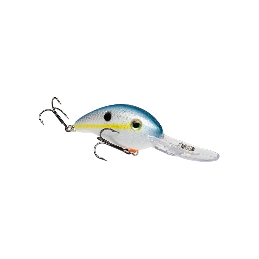 The Strike King 3XD Crankbait, in blue and white with two treble hooks and a clear plastic lip, mimics a small fish—making it an excellent bass fishing lure.
