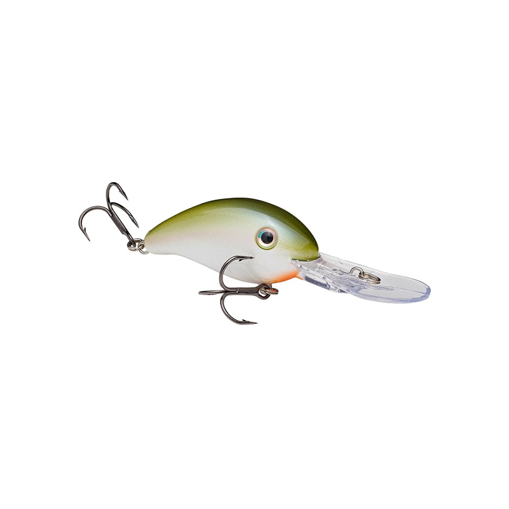 The Strike King 3XD Crankbaits by Strike King feature a green and white fish-shaped body, large eye, clear plastic diving lip, and two treble hooks—ideal for bass fishing.