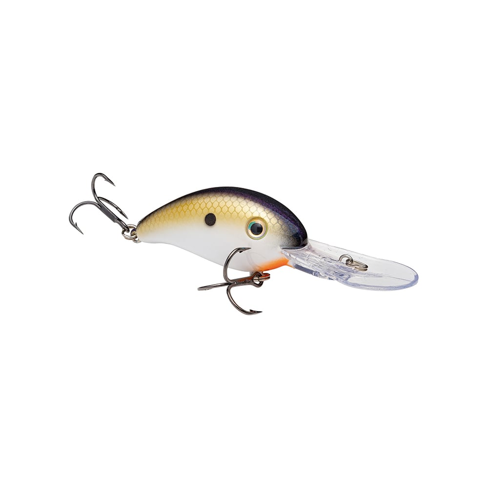 The Strike King 3XD Crankbait features a white body, dark top, yellow sides with black spots, two treble hooks, and a clear plastic diving lip—perfect for mimicking small fish while bass fishing.