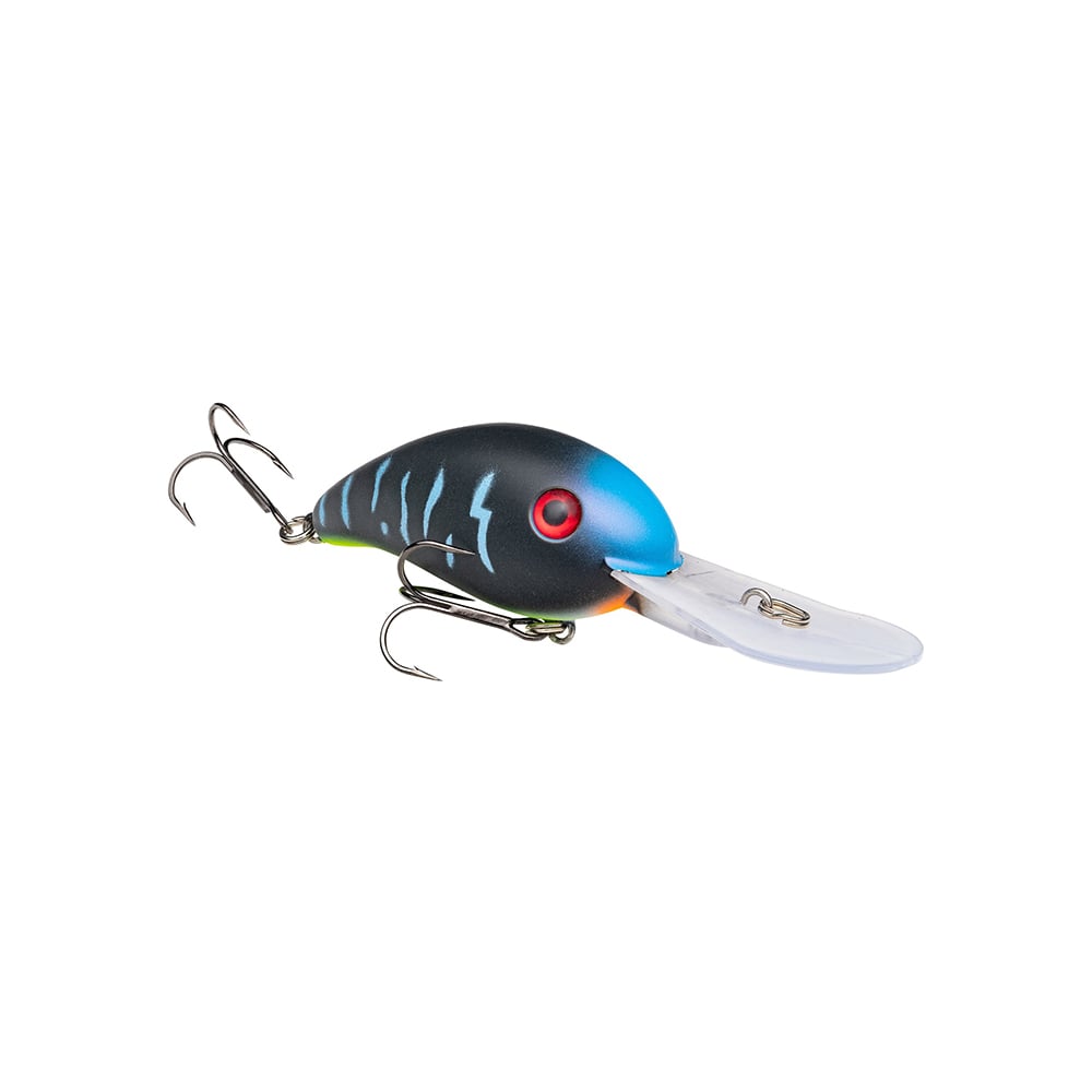 The Strike King 3XD Crankbait features a blue and black body with a red eye, two treble hooks, and a clear plastic bill—ideal for bass anglers seeking realistic fish-imitating lures.