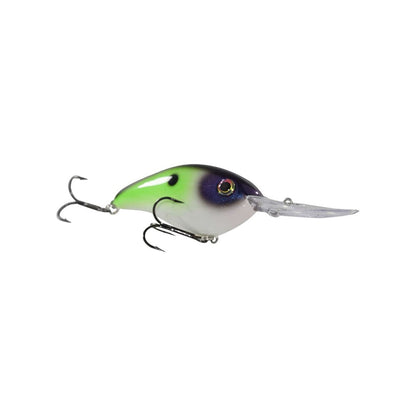 The Strike King 6XD Crankbait features a green and white body, two treble hooks, and a clear curved bill for deep diving. It effectively mimics small fish to effortlessly attract larger predators.