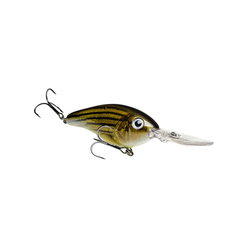 The Strike King 6XD Crankbait has a green and black striped body, two treble hooks, and a clear lip for deep diving. Free-floating rattle chambers boost its lifelike appeal to predator fish.