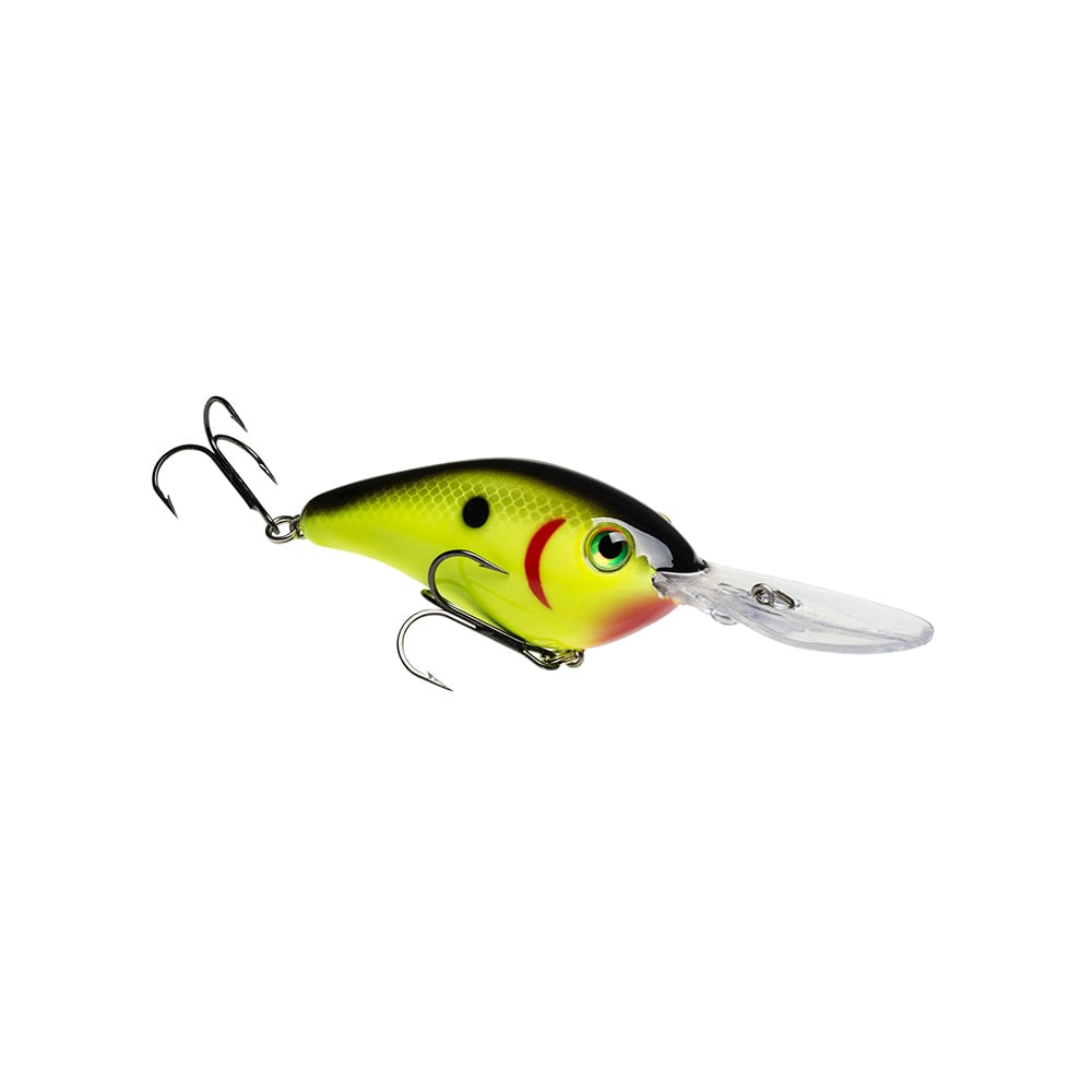 The Strike King 6XD Crankbait showcases a yellow and green body with black spots and red accents. Its curved bill design facilitates deep dives, while two treble hooks secure the catch, making it perfect for luring fish.