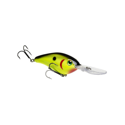 The Strike King 6XD Crankbait showcases a yellow and green body with black spots and red accents. Its curved bill design facilitates deep dives, while two treble hooks secure the catch, making it perfect for luring fish.