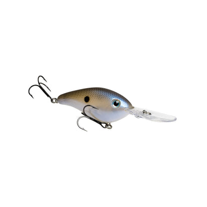 The Strike King 6XD Crankbait has a fish-like body with a gray and white gradient, a black spot, and two treble hooks. Its transparent plastic lip and sleek curved bill make it ideal for deep diving.