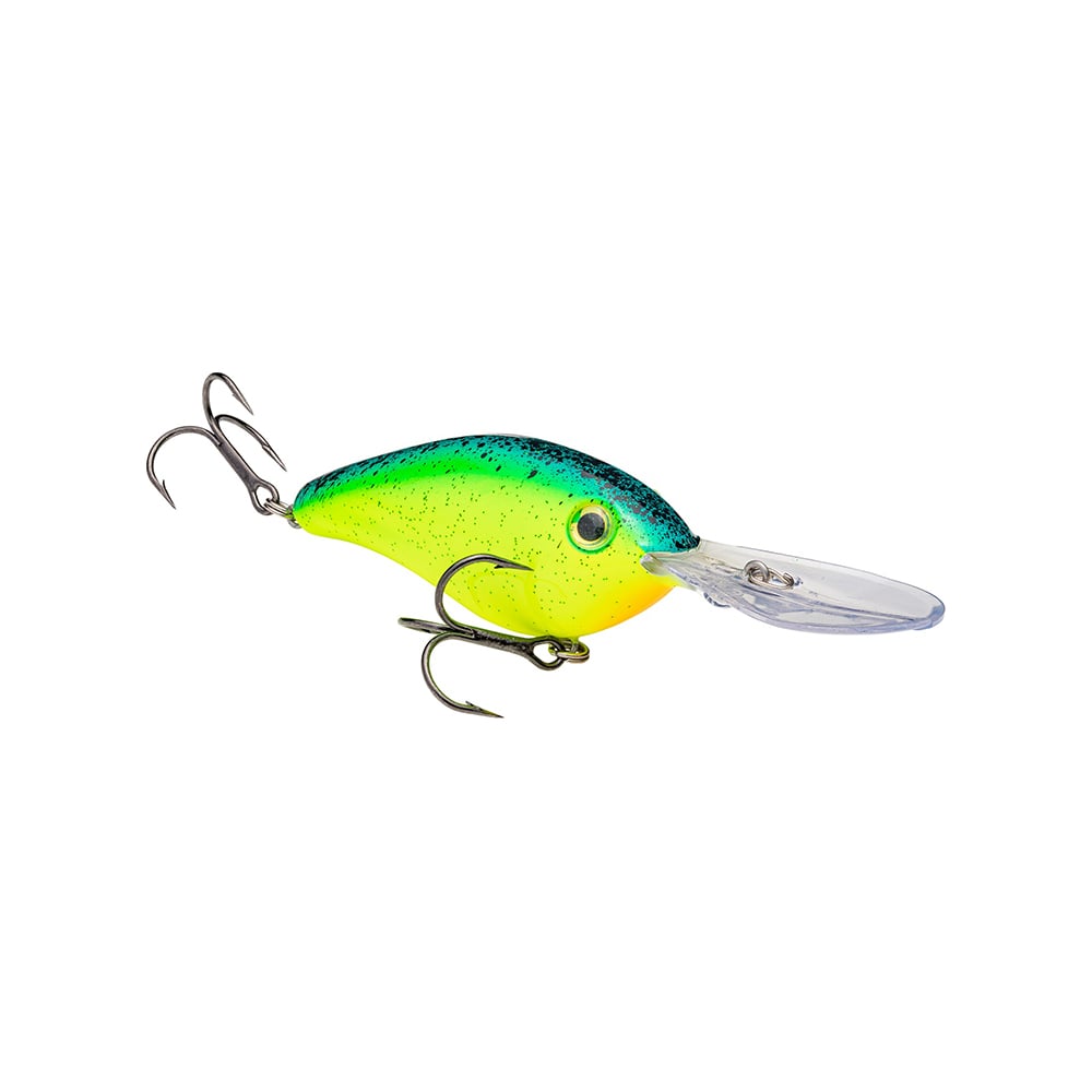 The Strike King 6XD Crankbait features a vibrant green and blue top with a yellow underside, two treble hooks, and a curved bill for deep diving, making it an angler's colorful companion in any aquatic adventure.