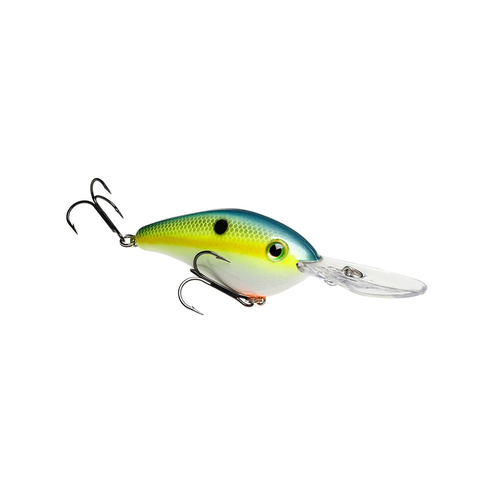 Introducing the vibrant Strike King 6XD Crankbait, a colorful lure with a blue and yellow body. It features two treble hooks and a curved bill for deep diving, making it ideal for reaching elusive catches.
