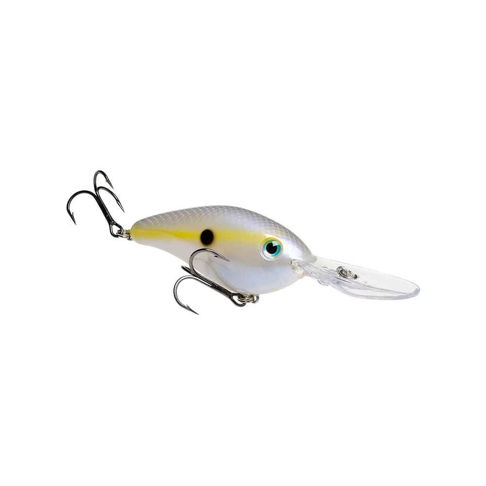 The Strike King 6XD Crankbait features a sleek, fish-like shape with a shiny silver body and yellow stripe. Equipped with two treble hooks and a realistic eye, its curved bill ensures smooth dives, making it an irresistible deep diving crankbait for anglers.
