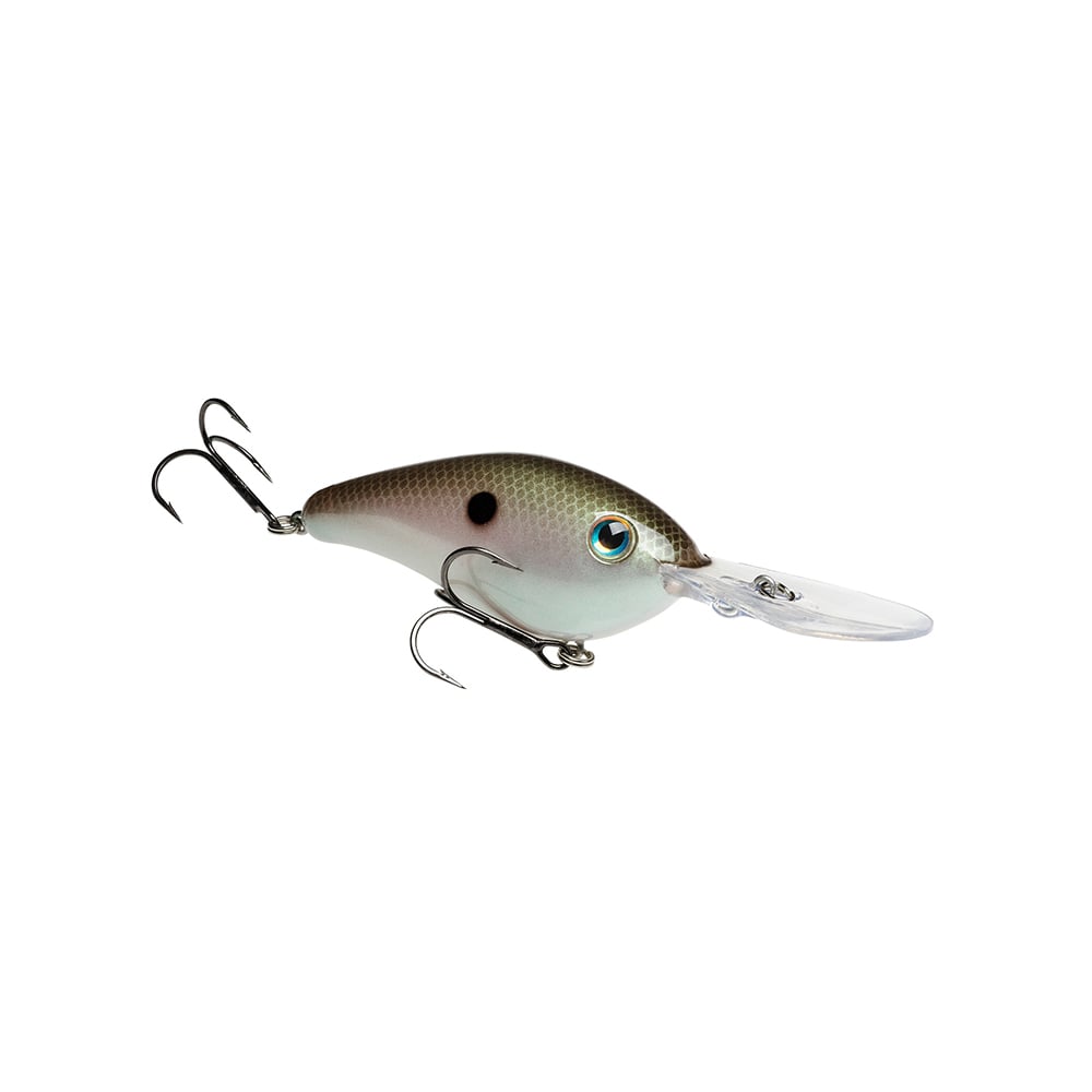 The Strike King 6XD Crankbait has a fish-like design with a dark back, light sides, and silver underbelly. Its curved bill boosts diving action, while dual treble hooks ensure secure catches.