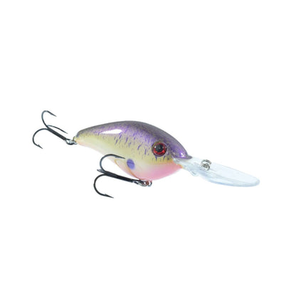 The Strike King 6XD Crankbait features a shiny, multicolored body in purple, yellow, and pink. Equipped with two sharp treble hooks and a transparent lip for dive action, its curved bill enhances deep diving, mimicking small prey.