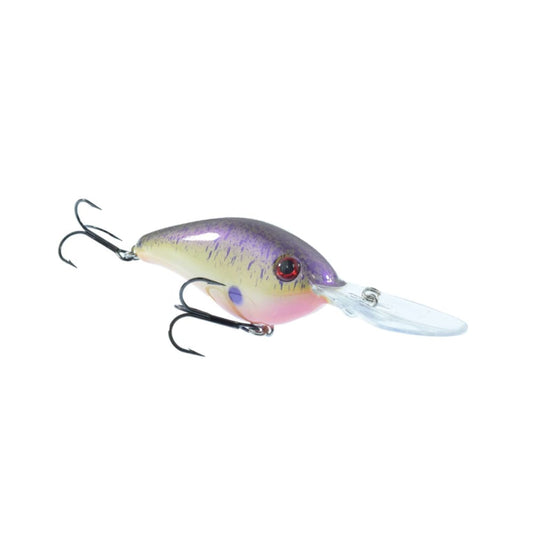 The Strike King 6XD Crankbait features a shiny, multicolored body in purple, yellow, and pink. Equipped with two sharp treble hooks and a transparent lip for dive action, its curved bill enhances deep diving, mimicking small prey.