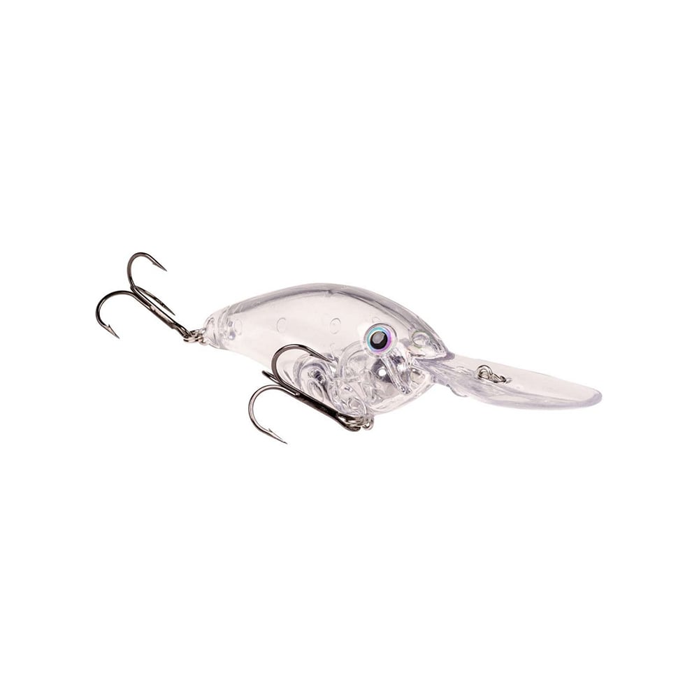 The transparent Strike King 6XD Crankbait features a fish-like design with two treble hooks, a deep diving lip, and an iridescent eye. Its free-floating rattle chambers mimic small prey effectively, enhancing its fish-attracting capabilities.