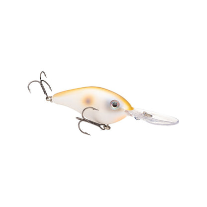 The Strike King 6XD Crankbait, in white and orange, has a streamlined fish-like shape with a signature curved bill. It features two shiny treble hooks and a transparent plastic lip, ideal for freshwater or saltwater use.