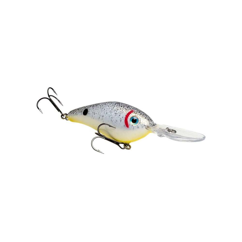 The Strike King 6XD Crankbait features a silver body with red and black eye detail, clear plastic lip, and white underside. It includes two treble hooks, free-floating rattle chambers, and dark speckles on top for high performance.
