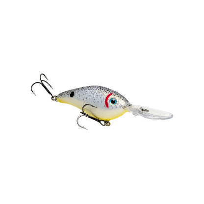 The Strike King 6XD Crankbait features a silver body with red and black eye detail, clear plastic lip, and white underside. It includes two treble hooks, free-floating rattle chambers, and dark speckles on top for high performance.