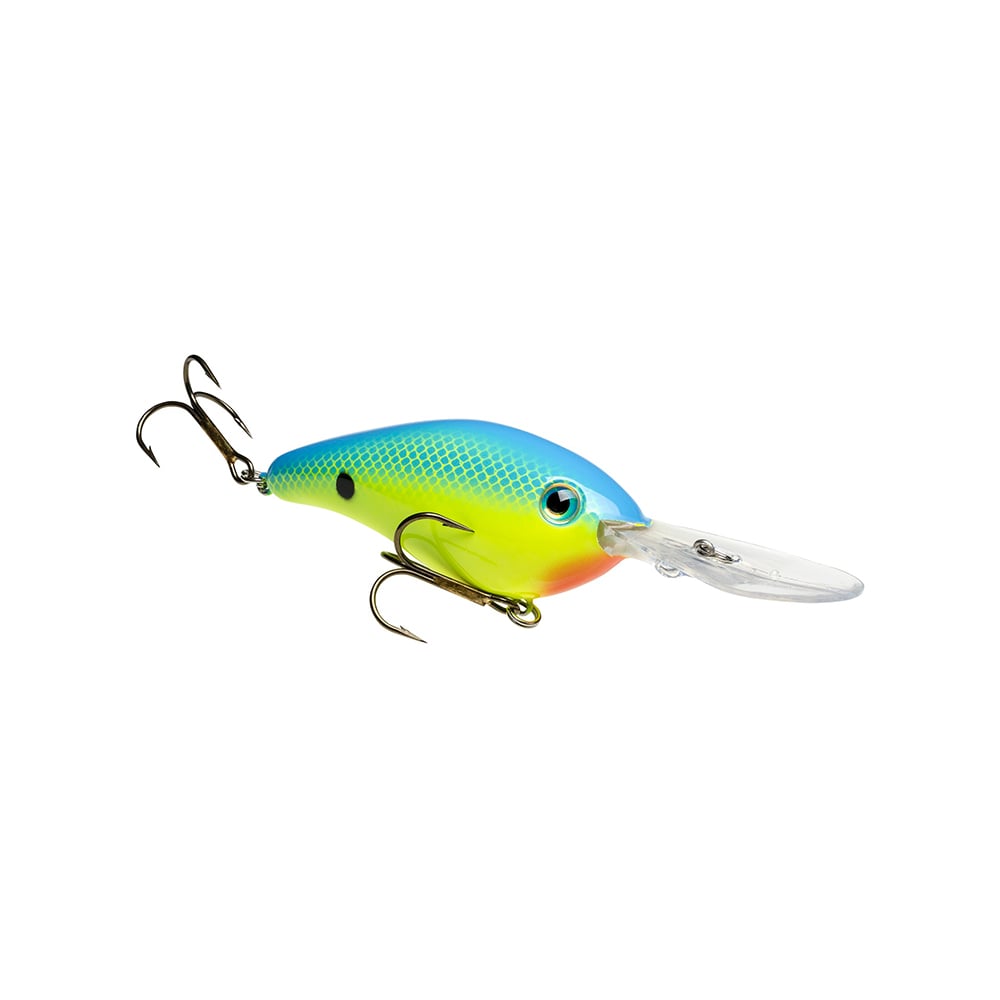Check out the Strike King 6XD Crankbait: a colorful deep diving lure with a blue, green, and yellow body. It includes two treble hooks and a clear plastic curved bill for precise action. Its scaled texture and eye-catching design attract fish like no other.
