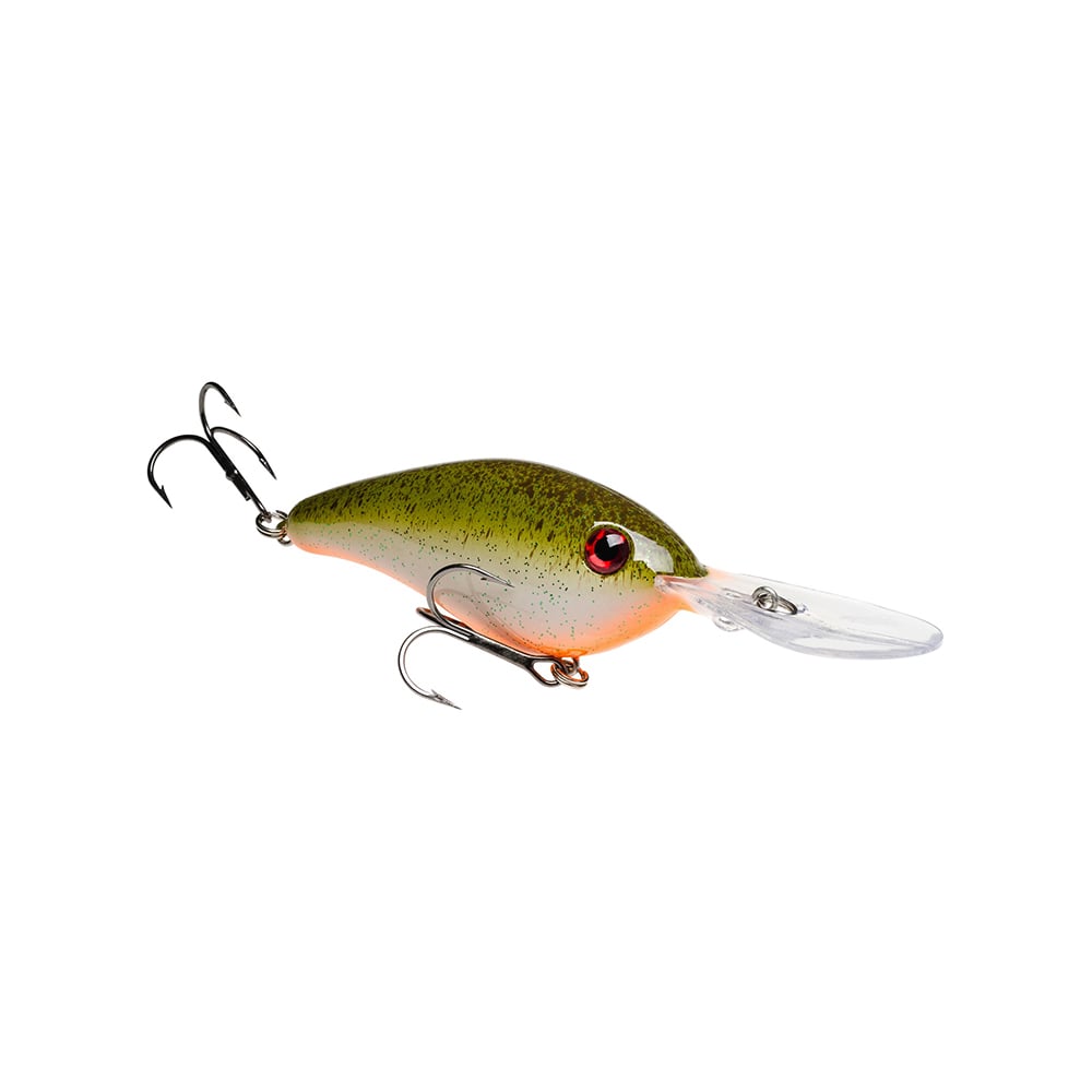 The Strike King 6XD Crankbait is a vibrant fishing lure with a green-orange body, red eye, and two treble hooks. Its clear flat plastic lip allows deep diving, mimicking a small fish—ideal for anglers seeking effective crankbaits.
