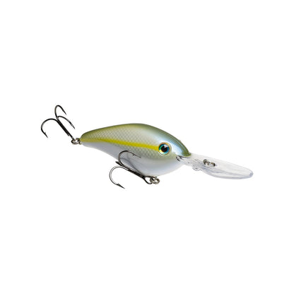 The Strike King 6XD Crankbait boasts a silver and green body with two treble hooks on the belly and tail, along with a clear plastic, curved bill for deep diving action.