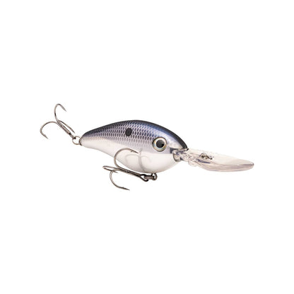 The Strike King 6XD Crankbait, with its silver and black fish-like pattern and curved bill design, features two treble hooks and a transparent lip for deep diving, making it perfect for any angler's tackle box.