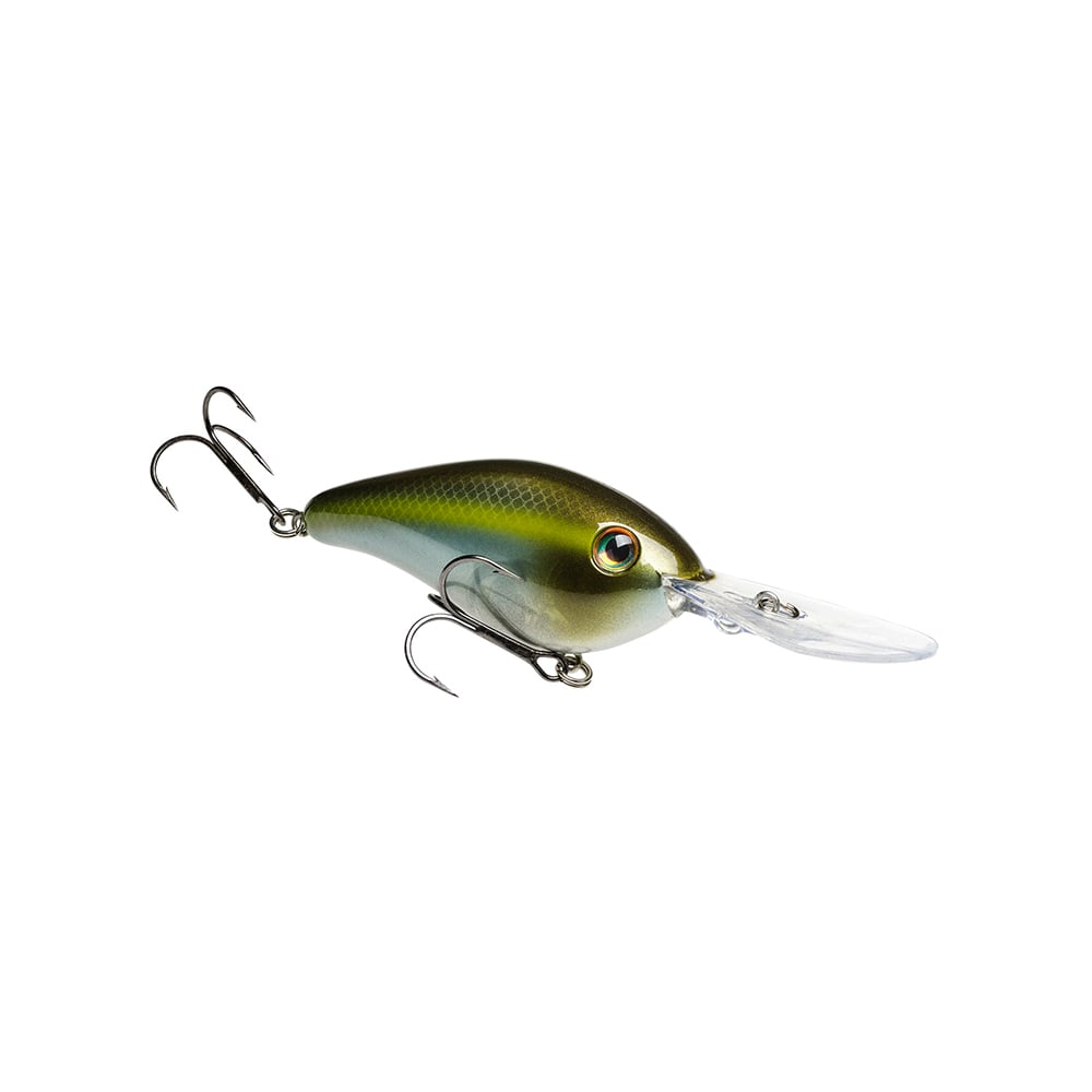 The Strike King 6XD Crankbait, a green and yellow fish-shaped lure with a clear plastic lip and two treble hooks, features a curved bill design that expertly mimics prey. It's one of the most effective deep diving crankbaits for your tackle box.