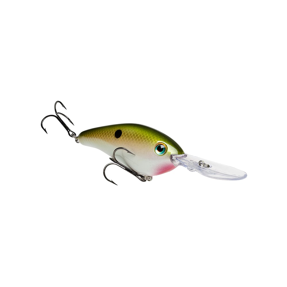 The Strike King 6XD Crankbait, in green and yellow with a realistic fish-eye pattern and smooth finish, features a deep diving capability thanks to its clear plastic lip with a curved bill design, making it ideal for attracting larger catches.