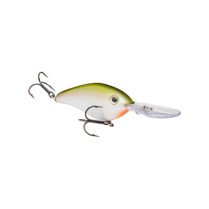 Meet the Strike King 6XD Crankbait, a top-tier fishing lure featuring a gleaming green and white body, dual treble hooks, and a clear curved bill perfect for deep diving. This expertly crafted lure mimics a small fish against a plain white backdrop.