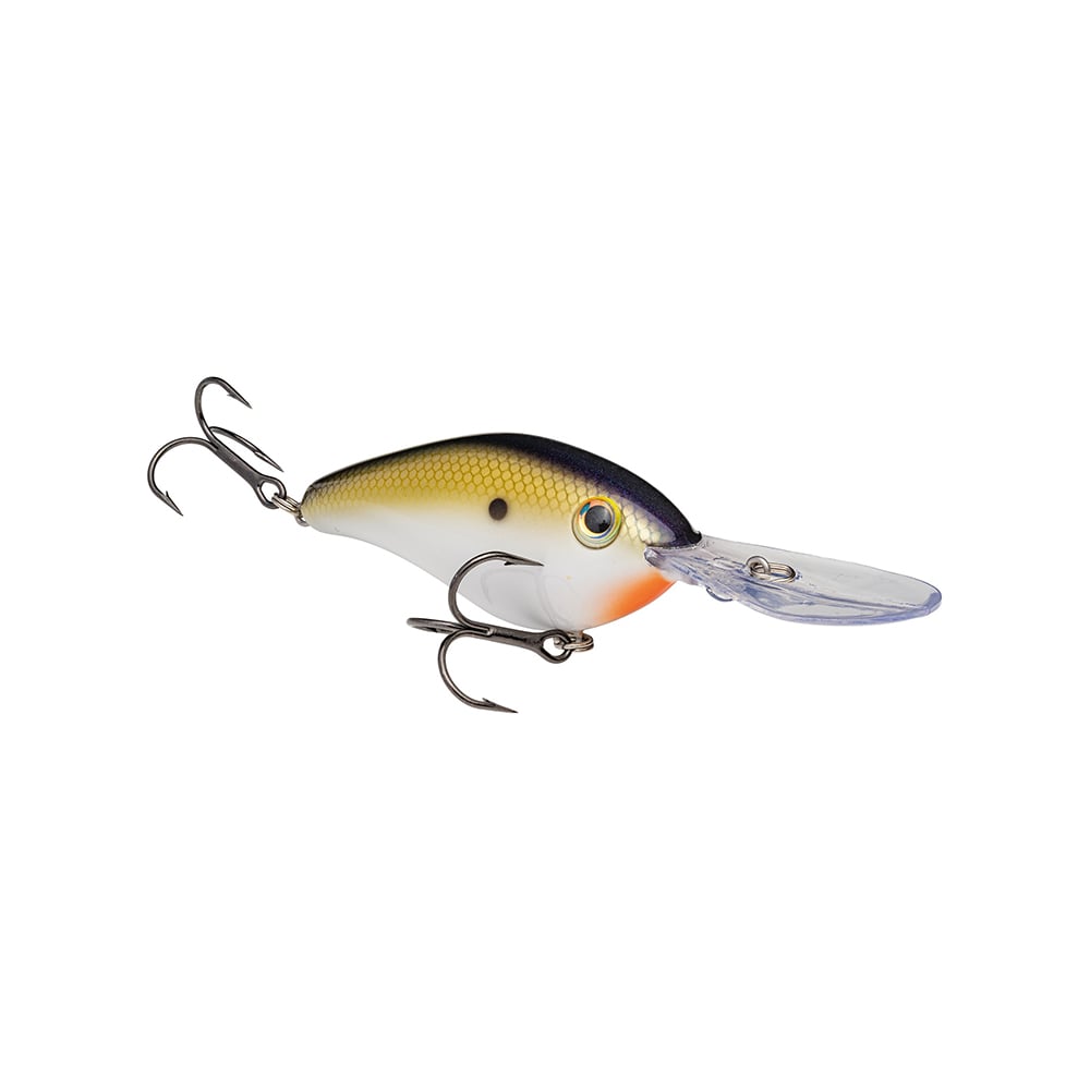 Introducing the Strike King 6XD Crankbait, featuring a realistic fish design with gradient brown-to-white hues and a hint of orange. Enhanced by two treble hooks and a translucent plastic lip with a curved bill for deep diving efficiency, it's perfect for serious anglers.