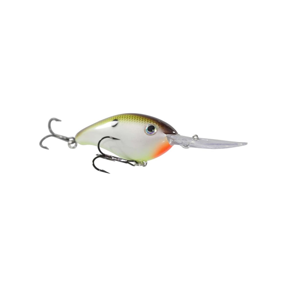 The Strike King 6XD Crankbait by Strike King showcases a lifelike fish design with a green to yellow gradient and an orange underside. Equipped with two treble hooks and a clear diving lip, it's ideal for deep-diving anglers who need precision offered by its curved bill.
