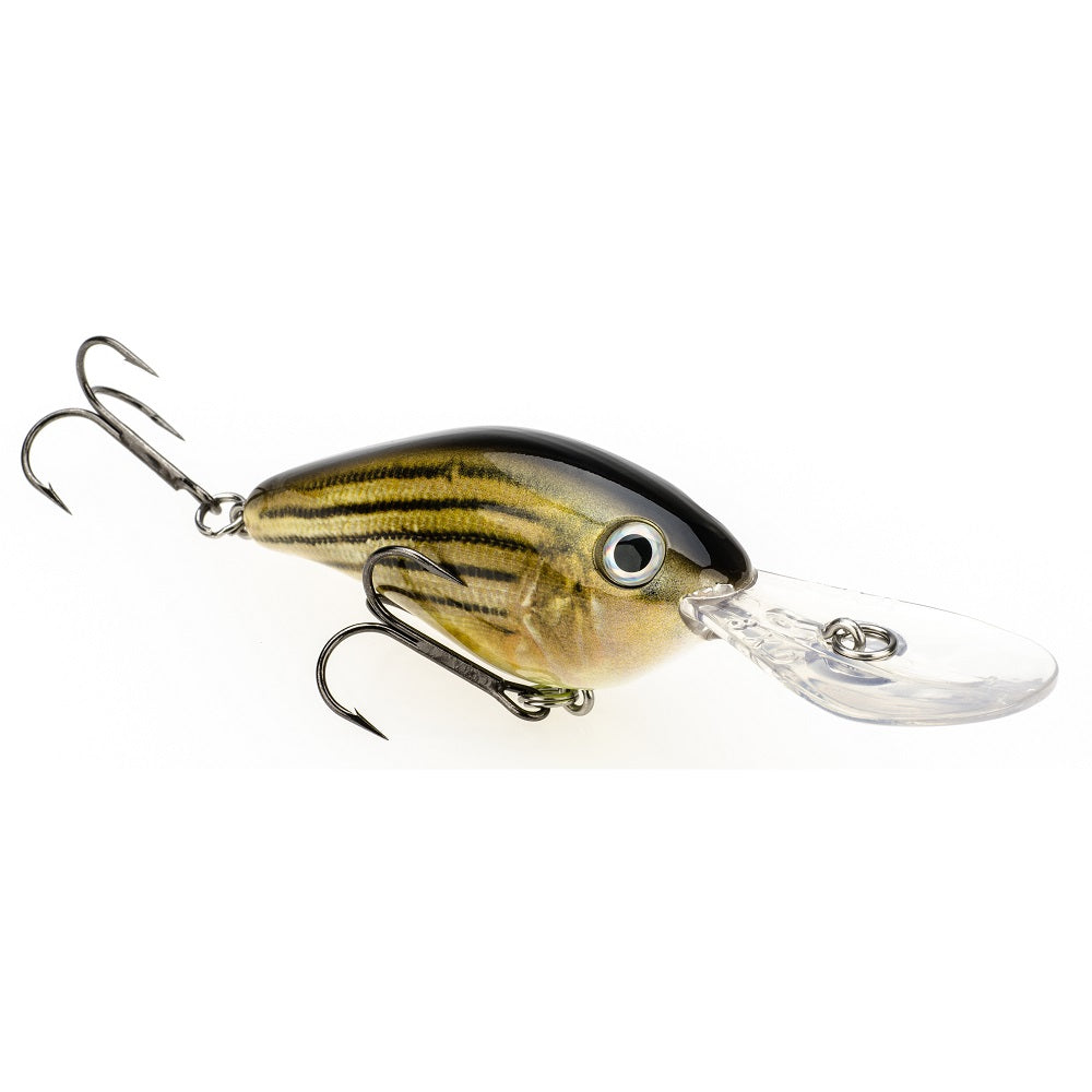 The Strike King 8XD Crankbait by Strike King features a striped yellow-and-black fish-like body, large eye, dual treble hooks, and an oval plastic bill—ideal for bass fishing with deep-diving crankbaits.