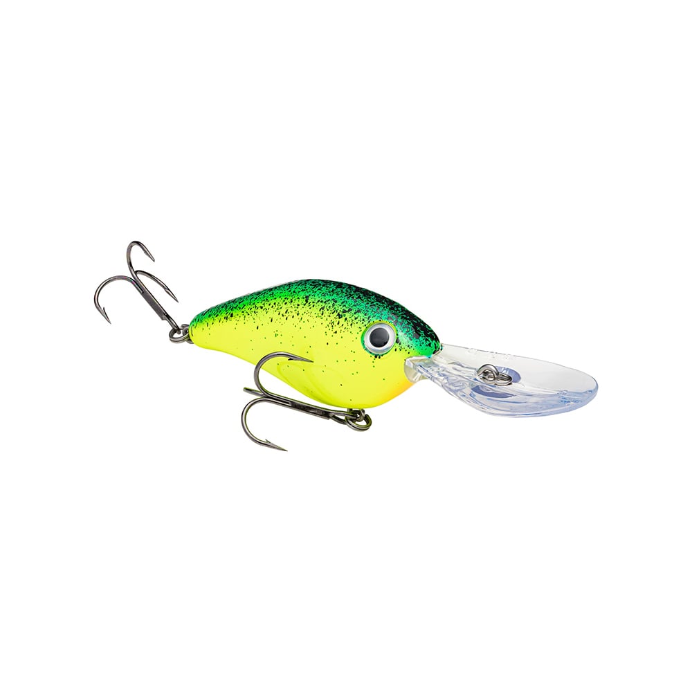 The Strike King 8XD Crankbait is a green and yellow deep-diving lure with black speckles, two treble hooks, and a clear plastic lip for bass fishing, shown on a white background.