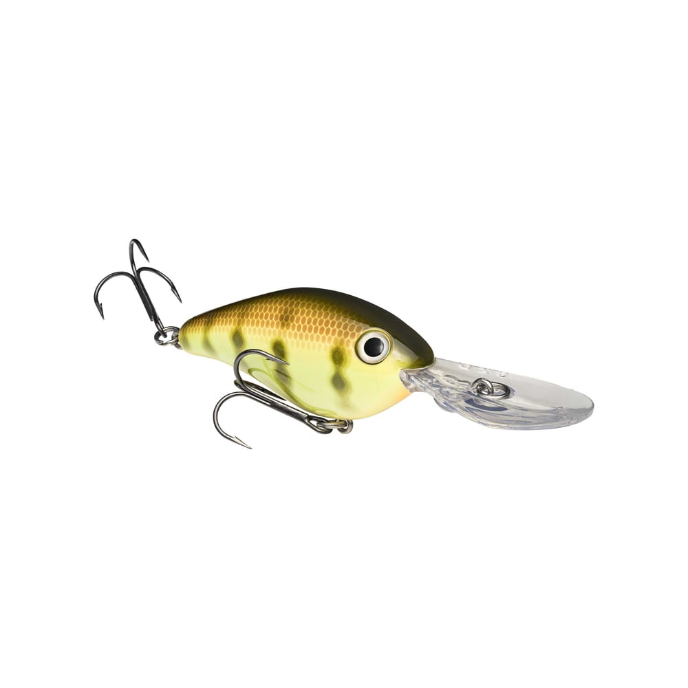 The Strike King 8XD Crankbait from Strike King is a deep-diving, fish-shaped lure with green and yellow coloring, dark spots, two treble hooks, and a clear, flat plastic bill—perfect for attracting bass.