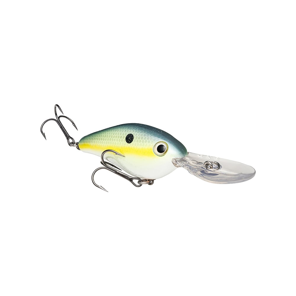 The Strike King 8XD Crankbait is a deep diving bass lure with a blue and green top, yellow side stripe, white belly, two treble hooks, and a clear plastic lip for diving.