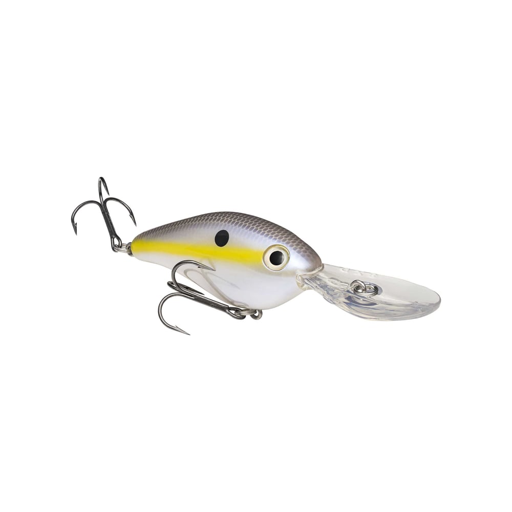 The Strike King 8XD Crankbait features a silver and yellow body, black spot by the eye, two treble hooks, and a clear plastic lip for deep diving—ideal for bass fishing—displayed against a white background.
