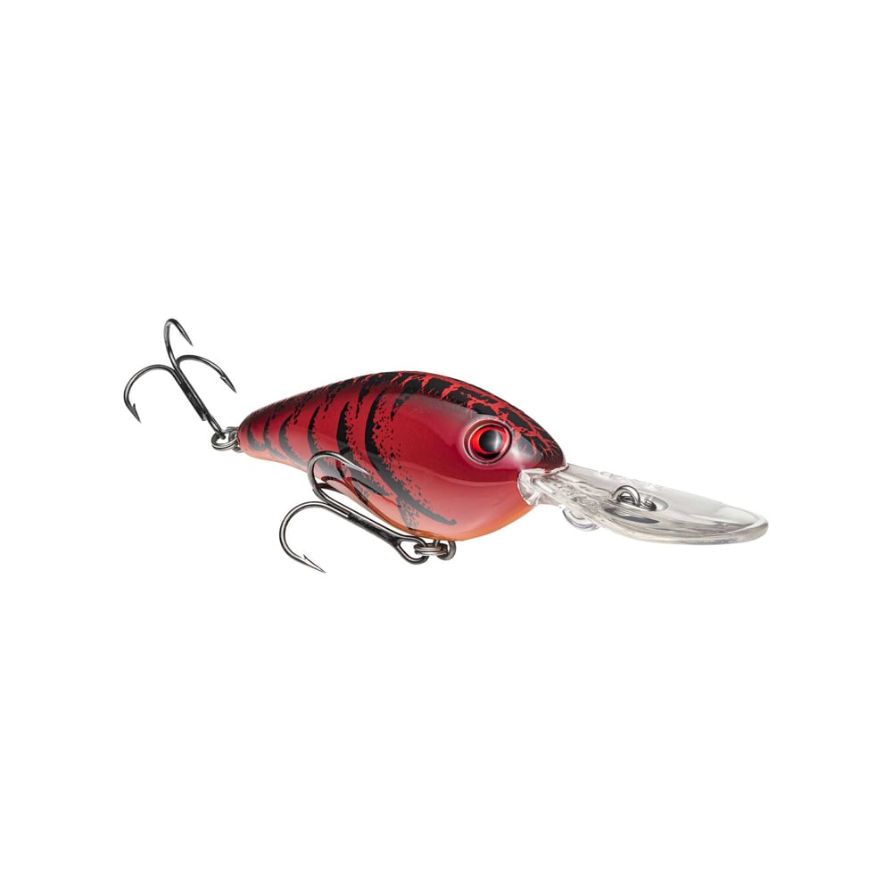 The Strike King 8XD Crankbait is a red and black, fish-shaped deep diver with two treble hooks and a clear bill, crafted to attract bass—ideal for anglers who rely on Strike King quality.