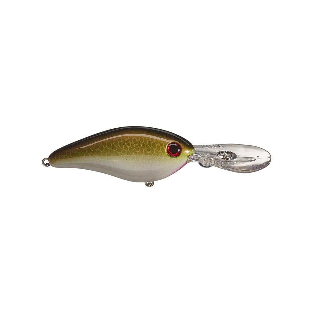 The Strike King 8XD Crankbait by Strike King features a greenish-brown top, white underside, red eye, and a clear elongated lip—ideal for deep diving and targeting bass.