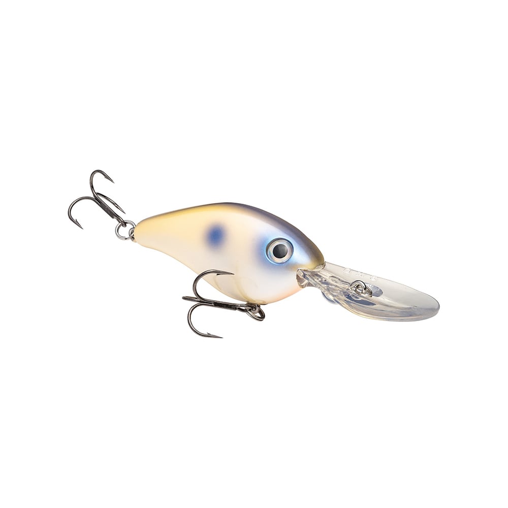 The Strike King 8XD Crankbait for bass features a pale body with blue spots, a large clear plastic lip, and two treble hooks—one on the belly and one on the tail—all set against a white background.