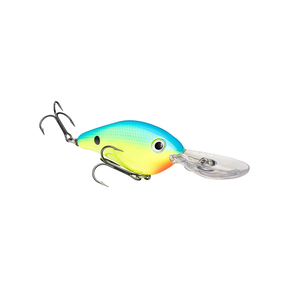 The Strike King 8XD Crankbait features a blue back, yellow sides, orange belly, clear lip, and two treble hooks—a vibrant deep-diving lure ideal for bass fishing. Shown isolated on a white background.