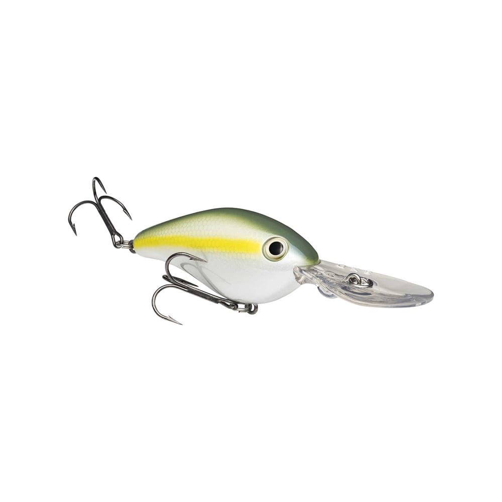 The Strike King 8XD Crankbait by Strike King features a green and yellow top, white underside, two treble hooks, and a clear plastic diving lip—ideal for bass fishing. Shown on a white background.