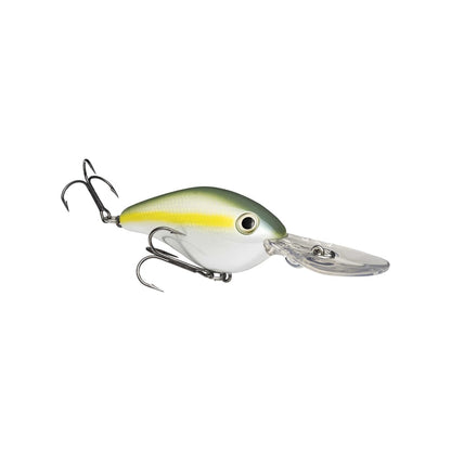 The Strike King 8XD Crankbait by Strike King features a green and yellow top, white underside, two treble hooks, and a clear plastic diving lip—ideal for bass fishing. Shown on a white background.