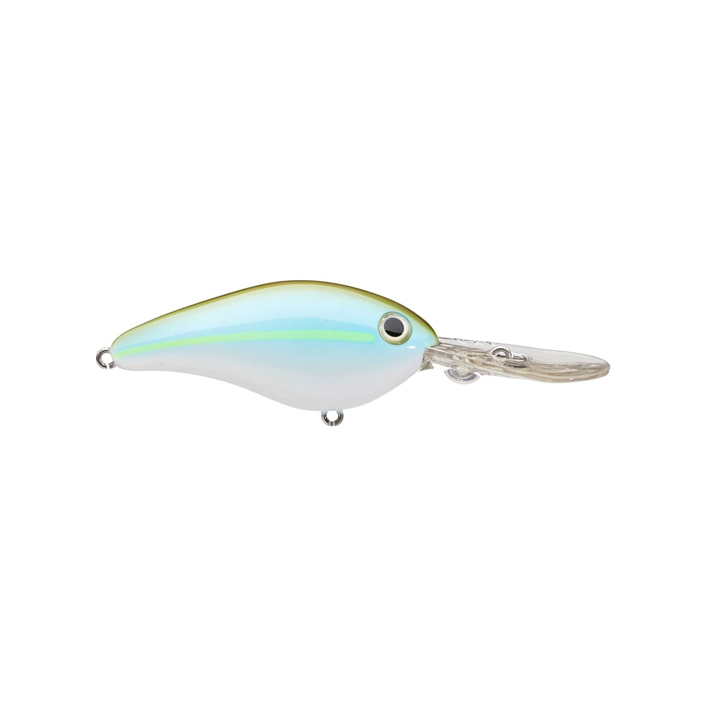 The Strike King 8XD Crankbait features a shiny, fish-shaped body with a white and blue gradient, single eye design, and clear diving lip—ideal as a deep diving bait for bass.