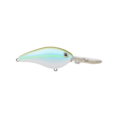 The Strike King 8XD Crankbait features a shiny, fish-shaped body with a white and blue gradient, single eye design, and clear diving lip—ideal as a deep diving bait for bass.