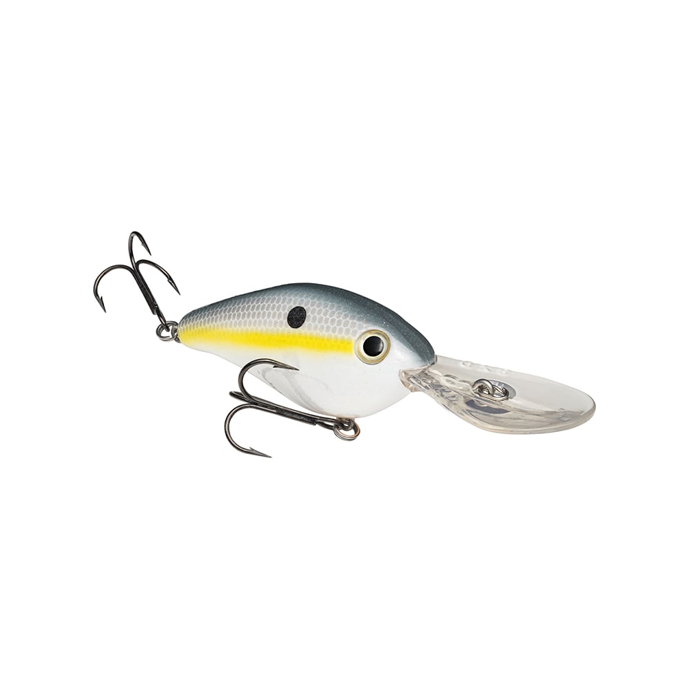 The Strike King 8XD Crankbait by Strike King features a gray and white body with a yellow stripe, two treble hooks, and a clear plastic lip—ideal for deep bass fishing.