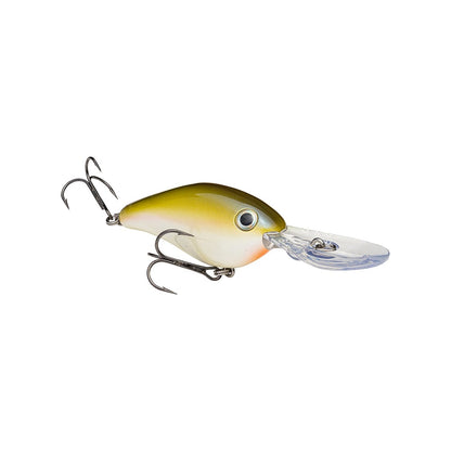 The Strike King 8XD Crankbait features a fish-shaped design with a greenish-yellow back, white belly, dual treble hooks, and a clear front lip—ideal for enticing bass.