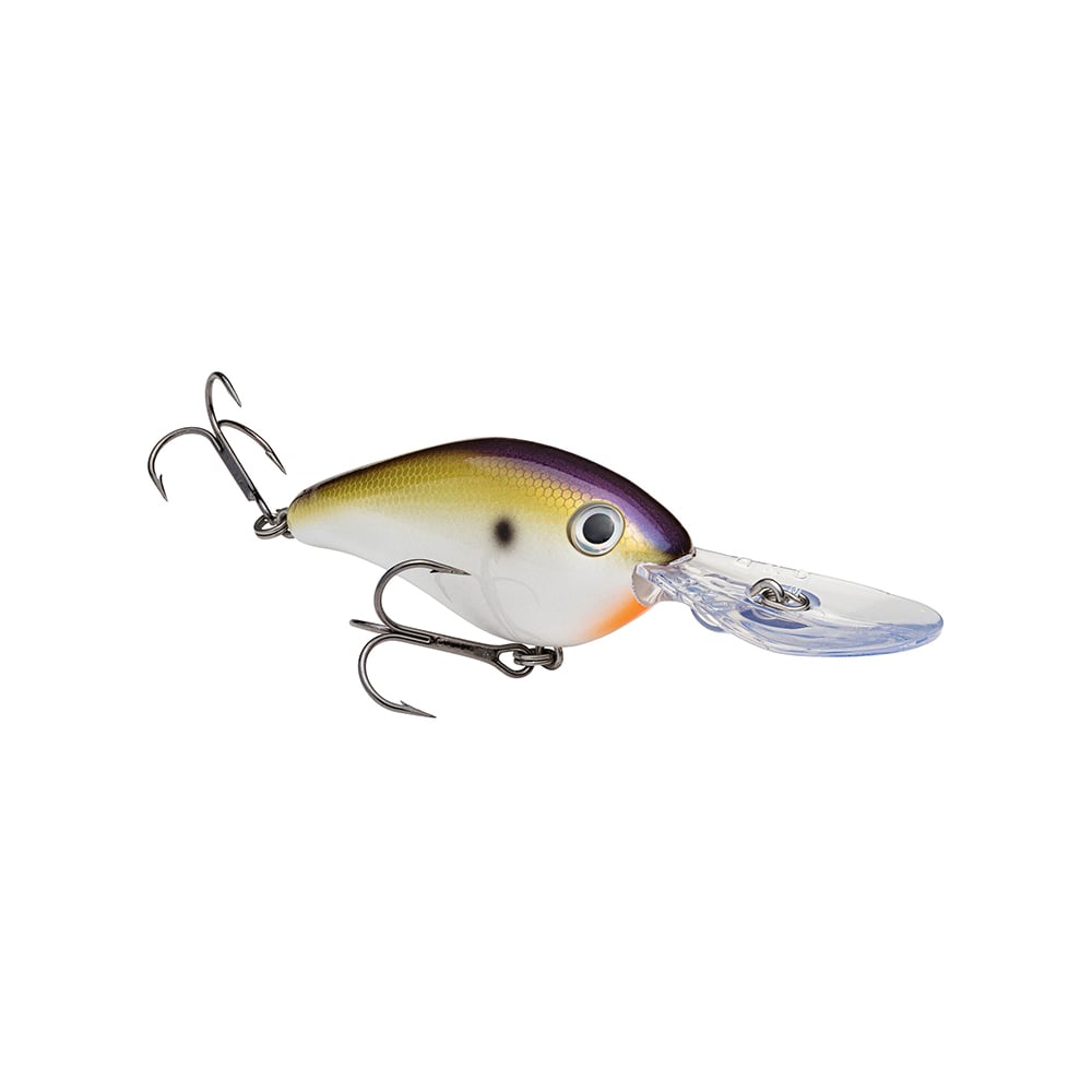 The Strike King 8XD Crankbait features a fish-like design with a purple-yellow gradient top, white underside, two treble hooks, and a clear plastic lip for realistic action to attract bass.
