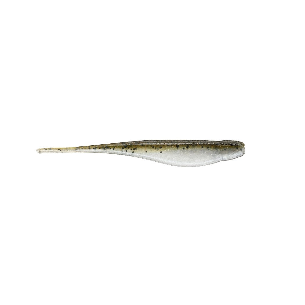 The Strike King Z-Too Soft Jerkbait by Strike King is a slender, pointed-tail fishing lure in light greenish-gray with dark speckles, shaped like a small baitfish and shown on a white background—perfect for dropshotting.