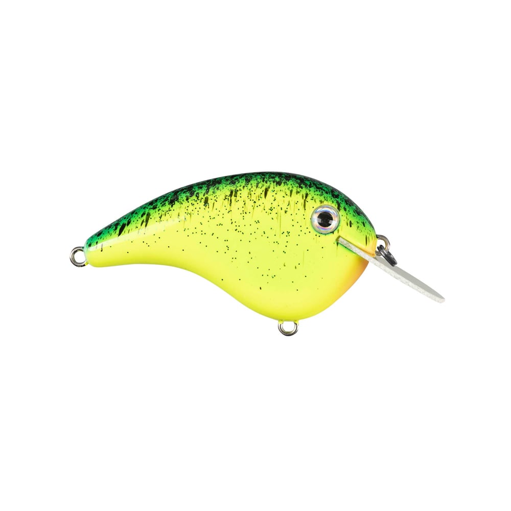 Presenting the Strike King Chick Magnet Flatside Crankbaits by Strike King, featuring a yellow and green fish-like design with back speckles, a shiny metal lip, realistic eye detail, and handy attachment points.