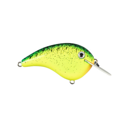 Presenting the Strike King Chick Magnet Flatside Crankbaits by Strike King, featuring a yellow and green fish-like design with back speckles, a shiny metal lip, realistic eye detail, and handy attachment points.
