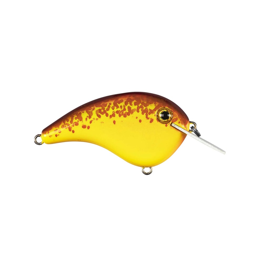 The image shows a Strike King Chick Magnet Flatside Crankbait by Strike King, in yellow and brown. This fish-shaped lure has a glossy finish with speckled patterns on top and a plastic lip for diving, enhancing its flat-sided design for effective fishing.